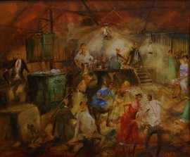 Appraisal: Hugh Sawrey - The Hop in the Wool Room oil