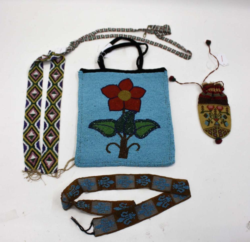 Appraisal: COLLECTION OF FIVE NATIVE AMERICAN BEADED ARTICLES including beaded handbag