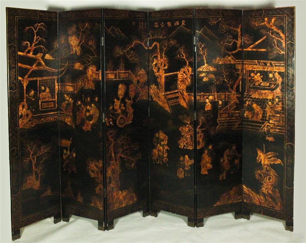 Appraisal: SIX-PANEL BLACK AND GOLD LACQUER FOLDING SCREEN the tall screen