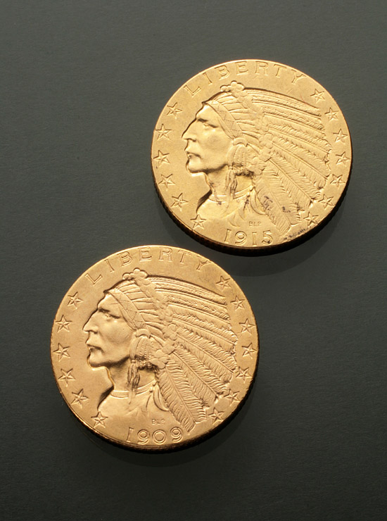 Appraisal: Two U S Indian Head Five-Dollar Gold Coins Dated D