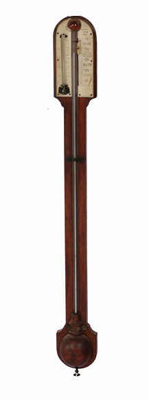 Appraisal: A LATE VICTORIAN MAHOGANY STICK BAROMETER with a semi-spherical cistern