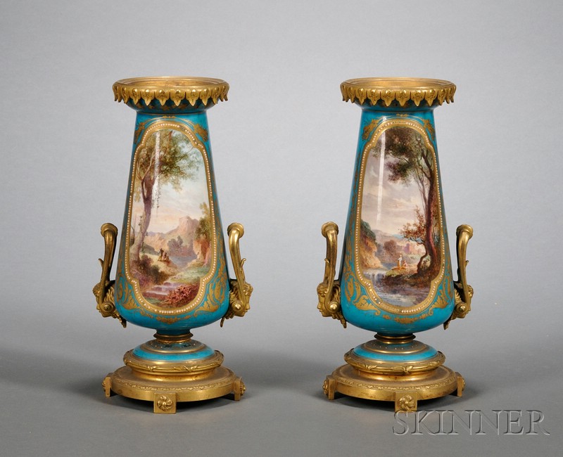 Appraisal: Pair of Sevres-style Bronze-mounted Porcelain Mantel Vases late th century