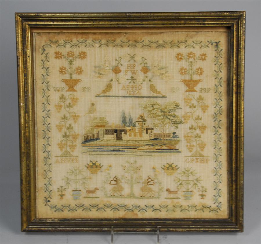 Appraisal: AMERICAN OR BRITISH FRAMED NEEDLEWORK SAMPLER with various initials and