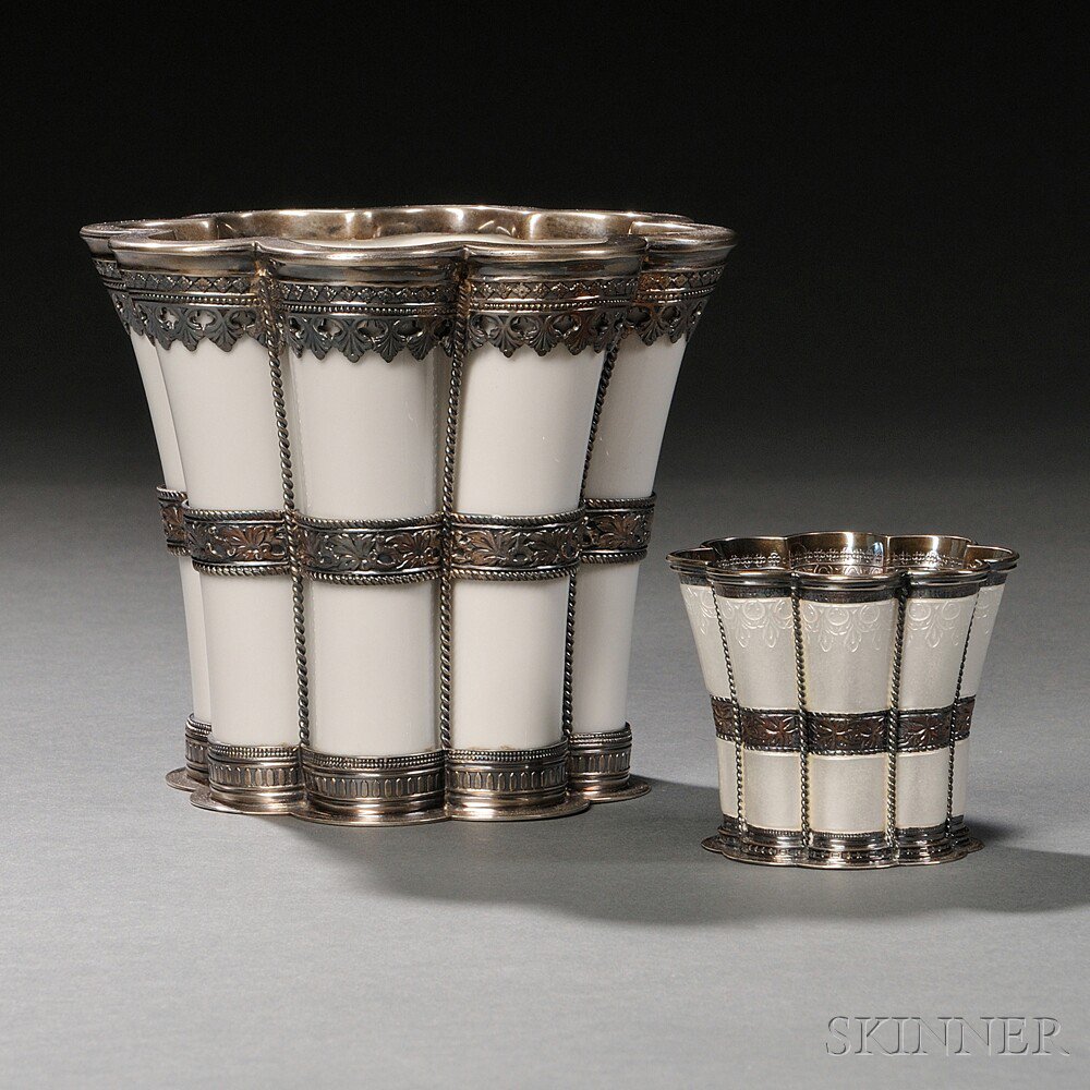 Appraisal: Two Sterling Silver-mounted Vases Denmark c each with lobed body