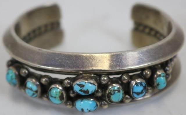 Appraisal: HEAVY STERLING AND TURQUOISE NAVAJO BRACELET SIGNED HARDY T HIGH