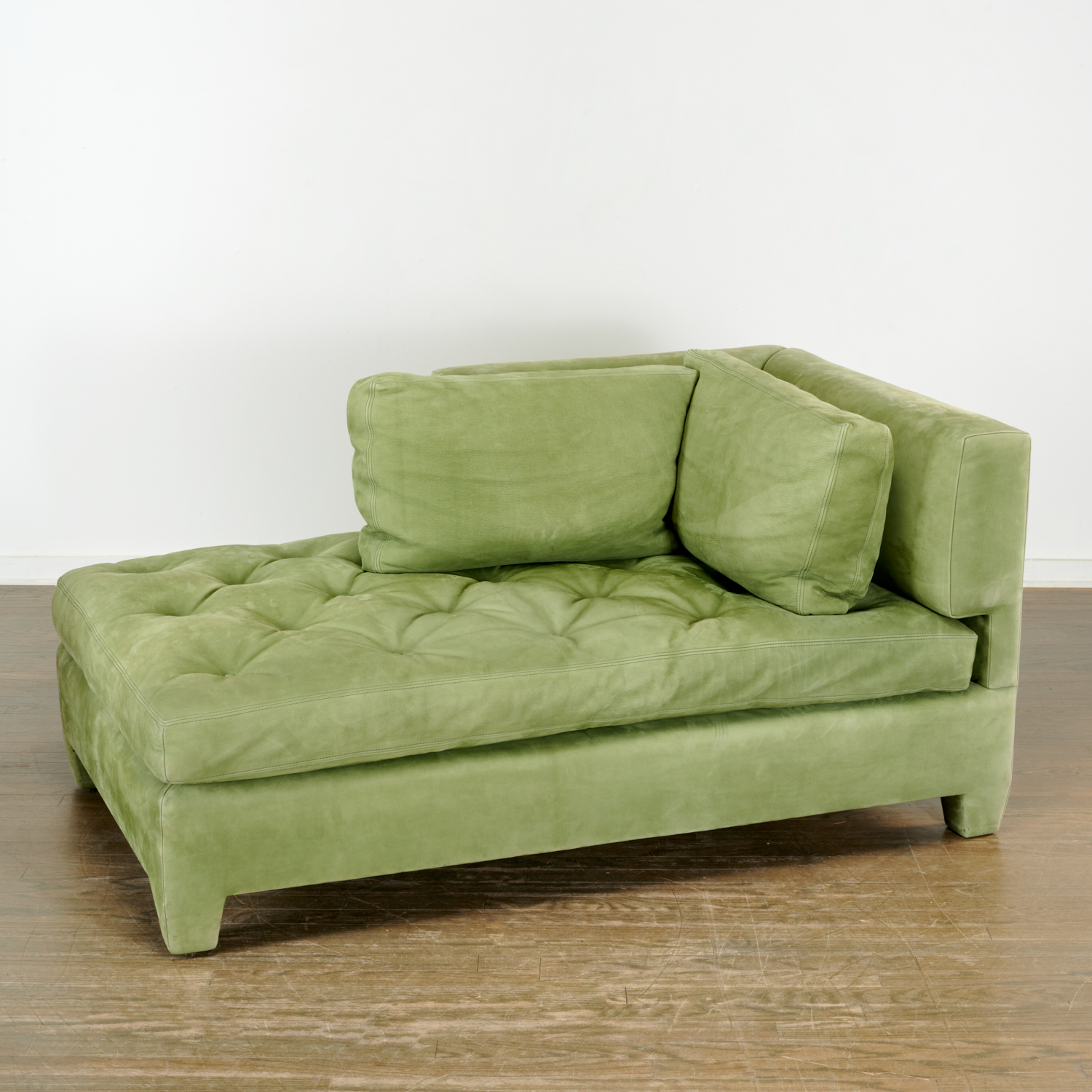 Appraisal: JUAN PABLO MOLYNEUX GREEN SUEDE CHAISE LOUNGE st c button