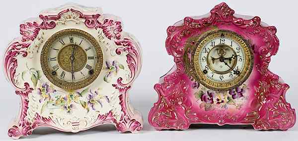 Appraisal: Ansonia-Style Clocks American two pink clocks each having a porcelain