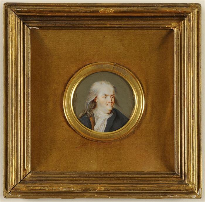 Appraisal: PORTRAIT MINIATURE OF BENJAMIN FRANKLIN Watercolor on ivory in giltwood