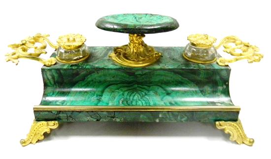 Appraisal: Rococo style green malachite veneer and gilded metal ink stand