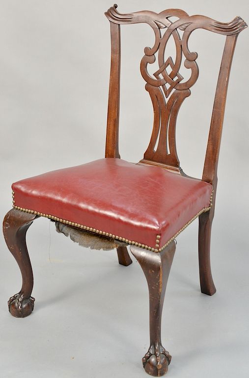 Appraisal: Chippendale mahogany side chair having pierced carved splat over upholstered