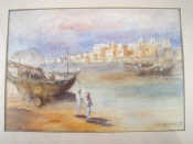 Appraisal: A watercolour of an Arab coastal scene with fishing dhows