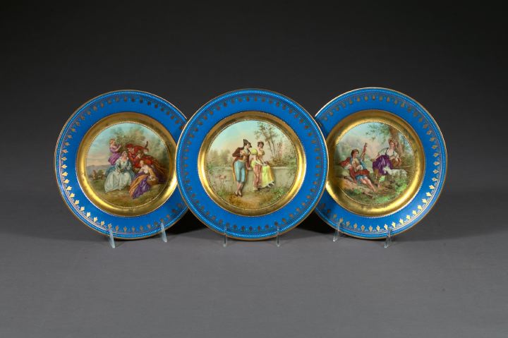 Appraisal: Trio of Richly Gilded Periwinkle Blue-Bordered Vienna Porcelain Cabinet Plates