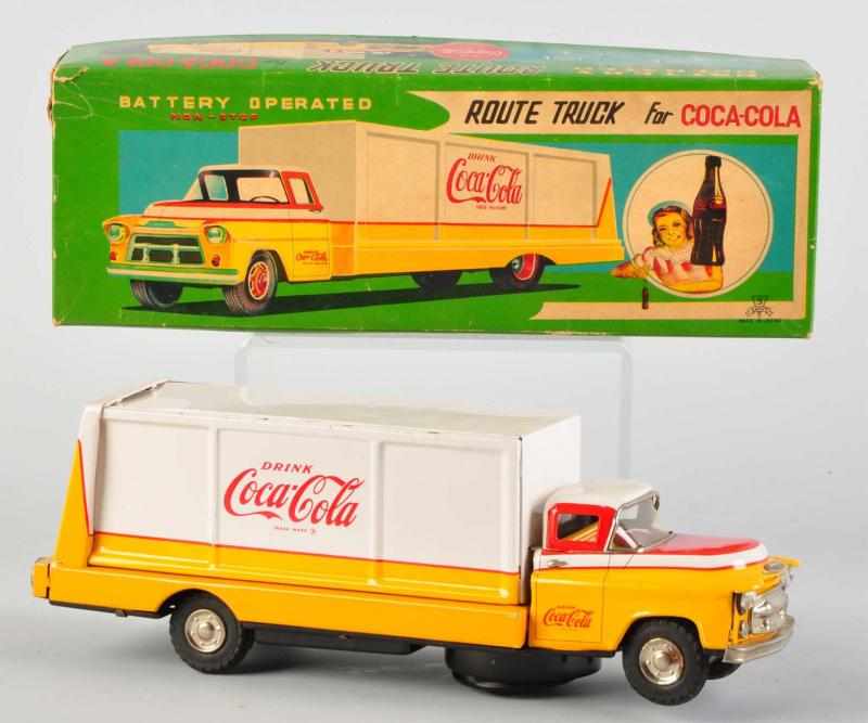 Appraisal: Coca-Cola Toy Truck Box Description s Battery-operated variation with yellow