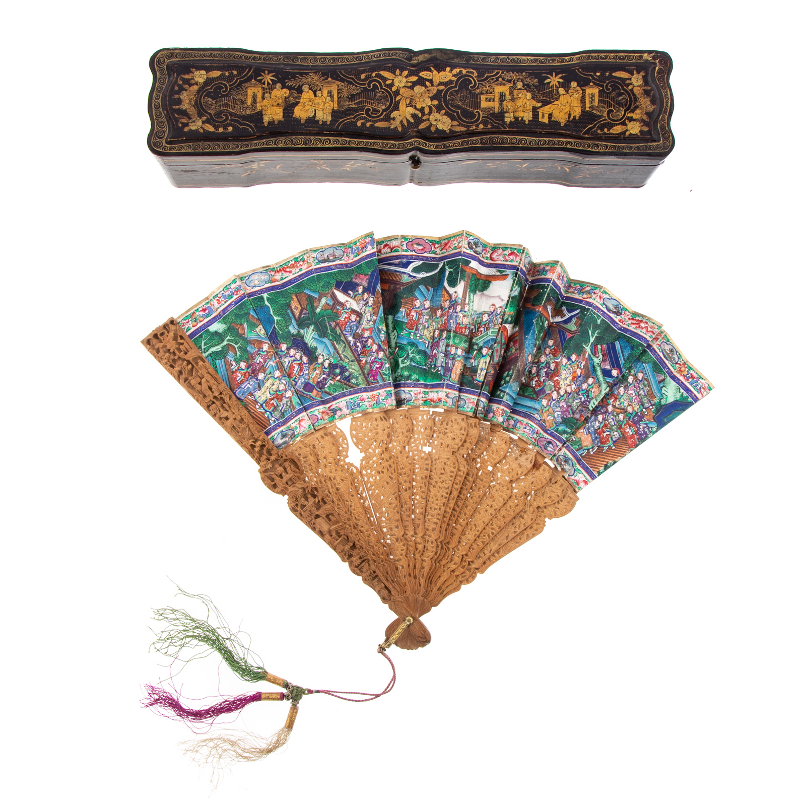 Appraisal: CHINESE EXPORT HAND FAN WITH LACQUERED BOX Circa - elaborately