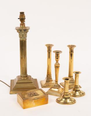 Appraisal: A brass reading lamp with a Corinthian column three brass