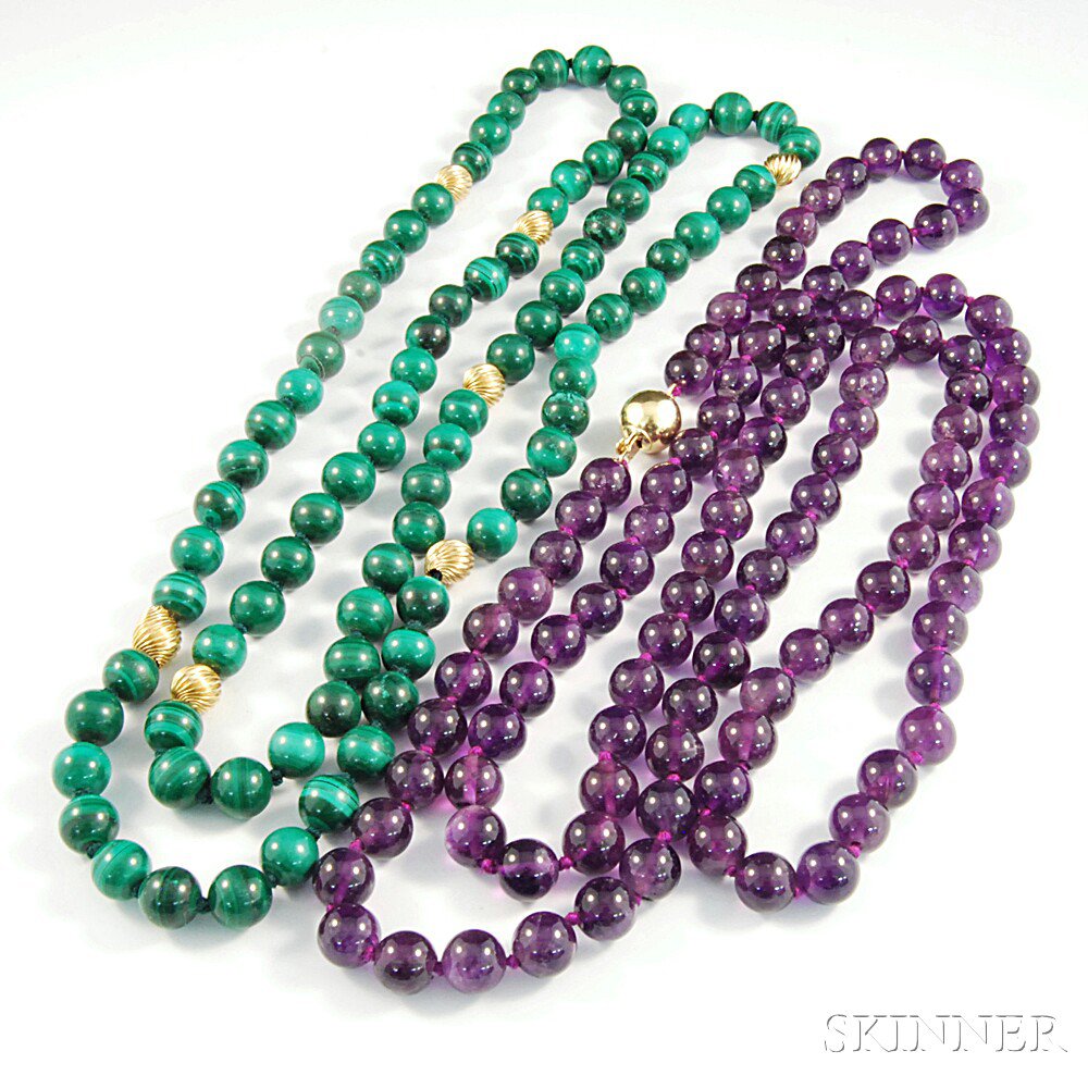 Appraisal: Two Bead Necklaces one malachite with seven textured gold bead