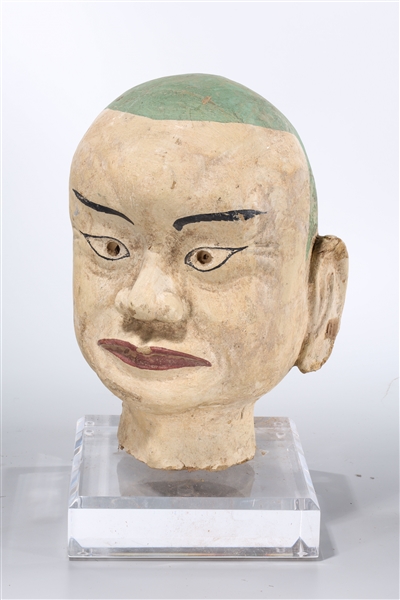 Appraisal: Chinese painted stone head of a monk on acrylic stand