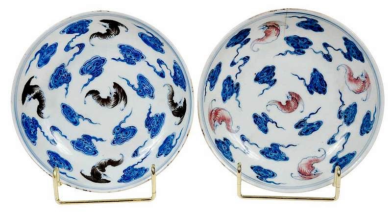 Appraisal: Pair th Century Chinese Bat Dishes Qing dynasty blue clouds