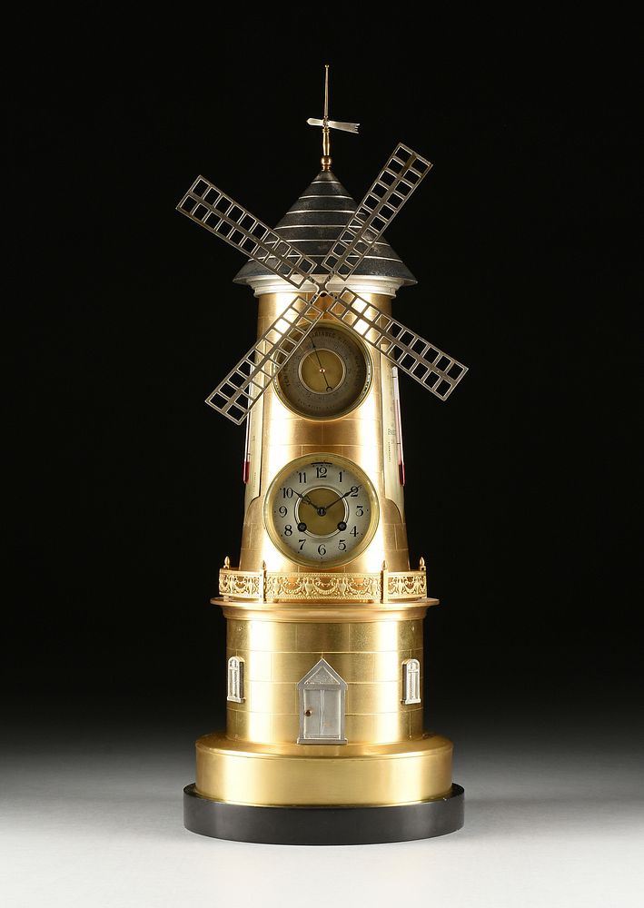 Appraisal: A GILT AND SILVERED BRONZE AUTOMATION WINDMILL CLOCK BAROMETER FRENCH