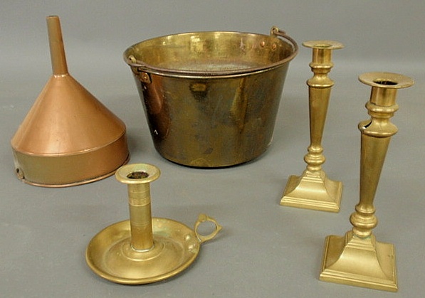 Appraisal: Group of brass items- pail h chamberstick h two candlesticks