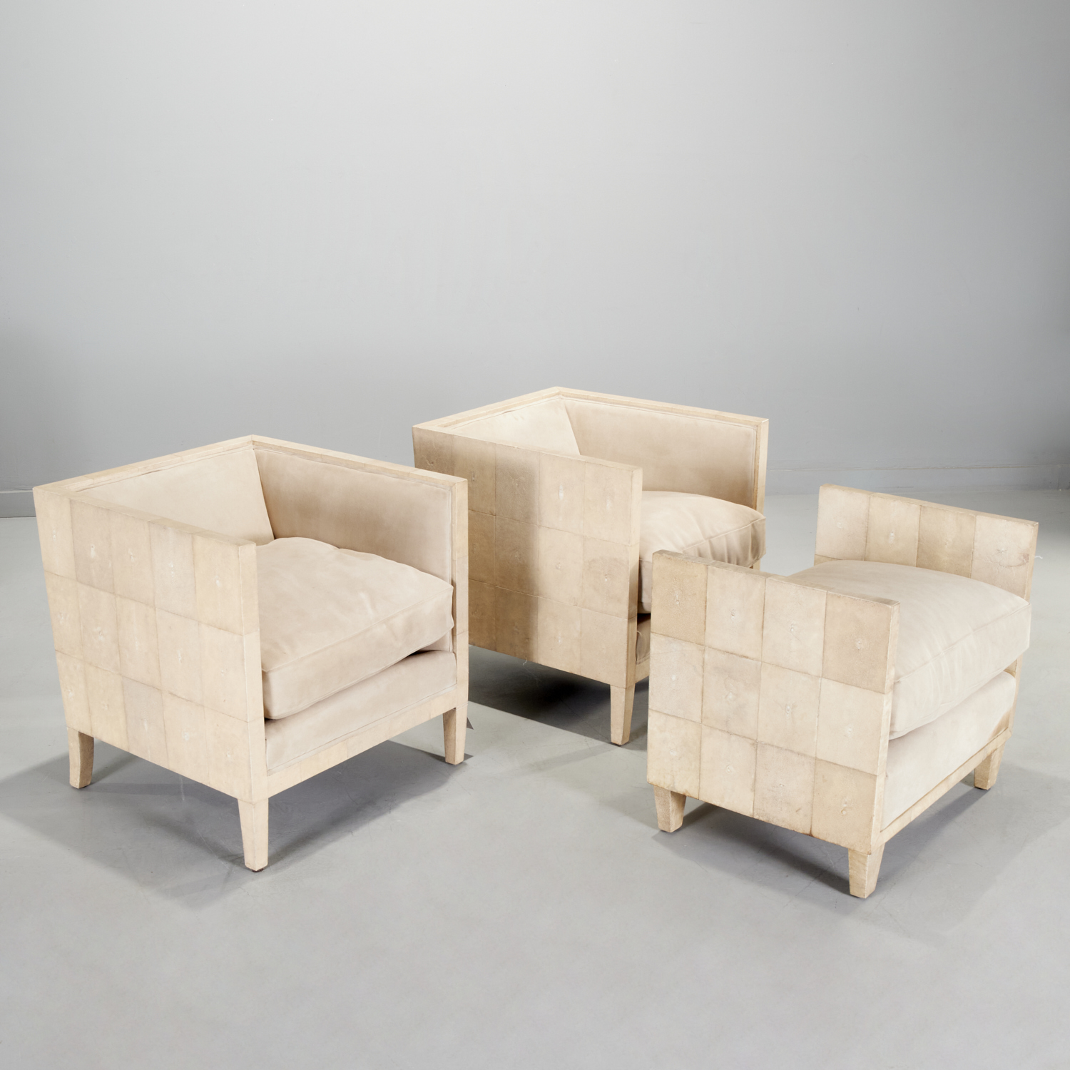 Appraisal: JM FRANK ATTRIB PAIR CHAIRS OTTOMAN CHANAUX Attributed to Jean