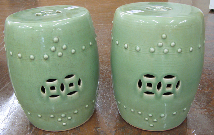 Appraisal: PAIR OF CELADON PORCELAIN GARDEN STOOLS Chinese th century each