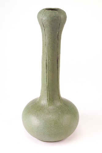 Appraisal: GRUEBY Exceptional tall gourd-shaped vase with ridged cylindrical neck covered