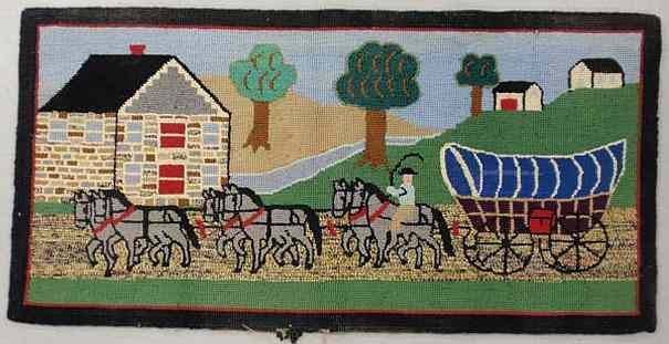 Appraisal: Colorful pictorial hooked rug of a Conestoga wagon and horses