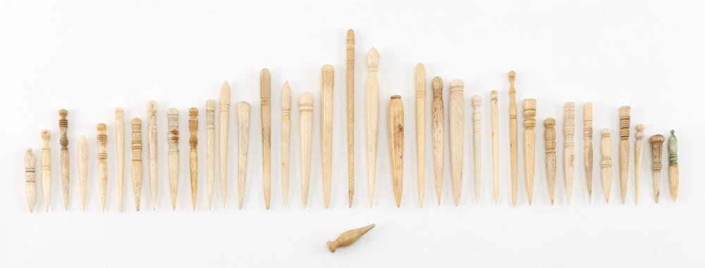 Appraisal: APPROX THIRTY-FIVE WHALEBONE AND IVORY BODKINS TH CENTURY LENGTHS FROM