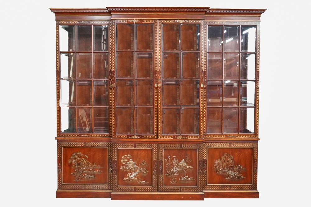 Appraisal: JOHN WIDDICOMB CHINOISERIE BREAKFRONT CABINETmahogany veneer with gilt and silver-painted