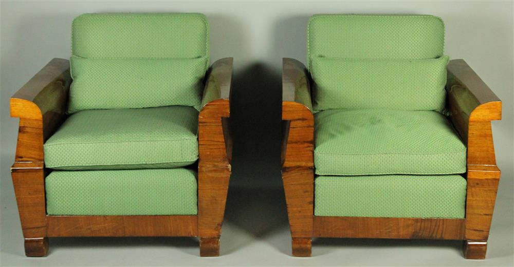 Appraisal: PAIR ART DECO UPHOLSTERED WALNUT ARM CHAIRS each having a