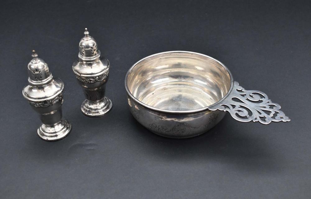 Appraisal: STERLING PORRINGER PAIR OF SILVER PLATED SHAKERSAmerican Early th Century