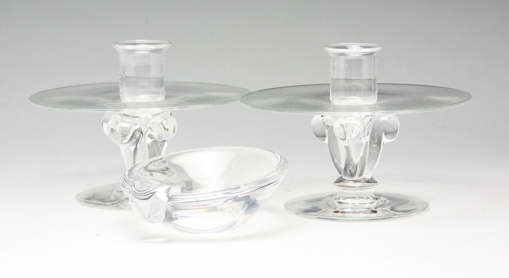 Appraisal: STEUBEN CANDLESTICKS AND ASHTRAY American second half th century Clear