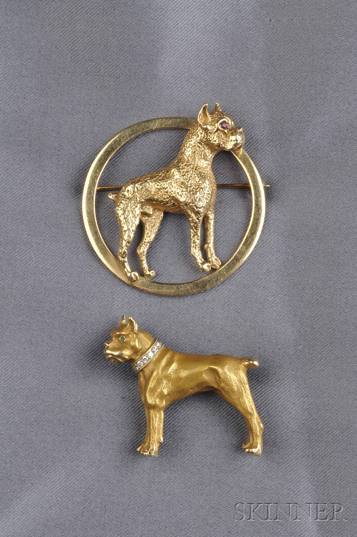 Appraisal: Two kt Gold Dog Brooches One Tiffany Co with diamond