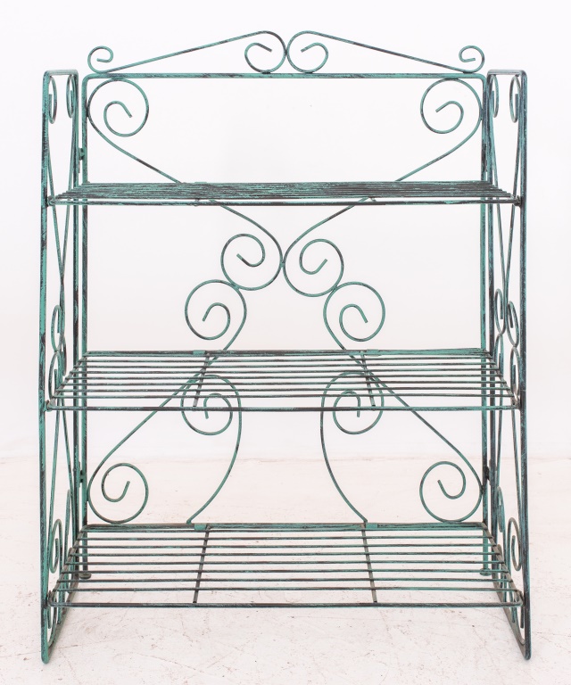 Appraisal: MODERN PATINATED WROUGHT IRON SHELVES Modern wrought iron folding four