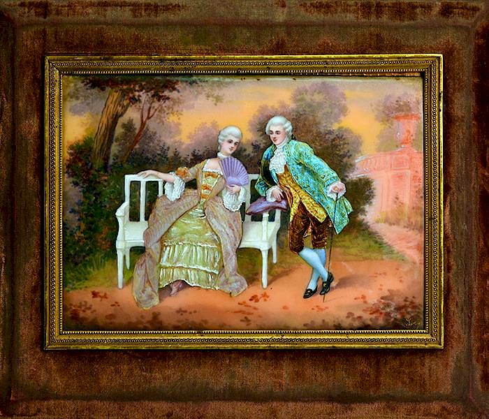 Appraisal: French Limoges enamel plaque of romantic couple signed French Limoges