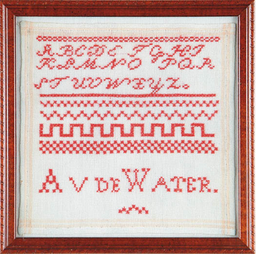 Appraisal: RED STITCHED NEEDLEWORK SAMPLER BY AV DEWATER Three alpha rows