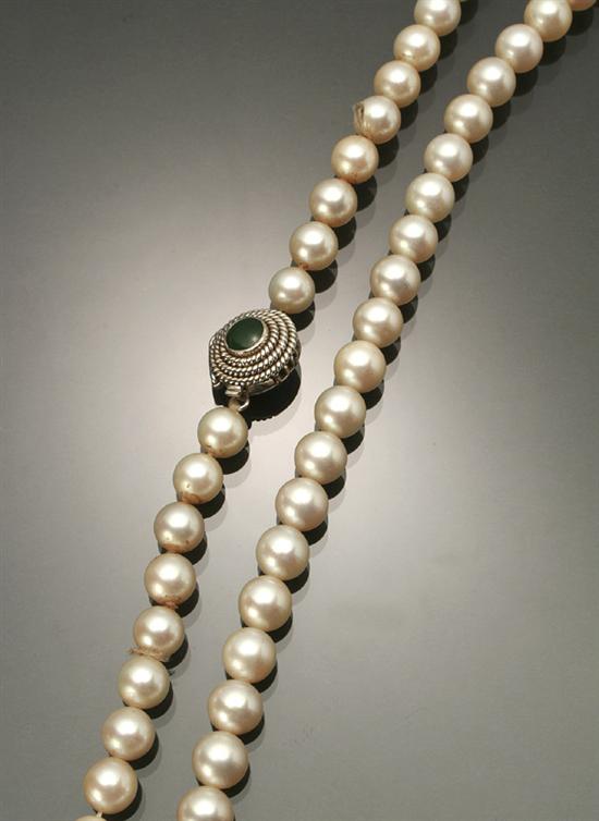 Appraisal: Opera Length Cultured Pearl and Green Jadeite Jade Necklace Knotted