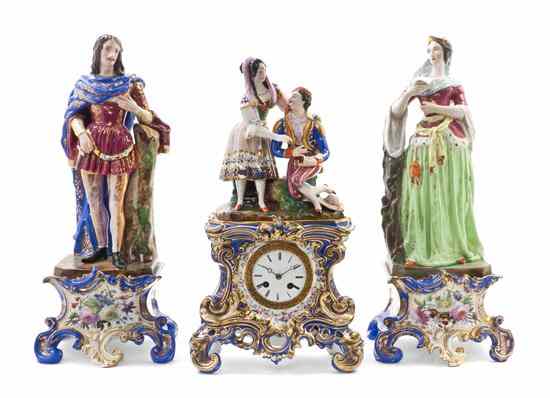 Appraisal: A Paris Porcelain Clock Garniture the clock surmounted with a