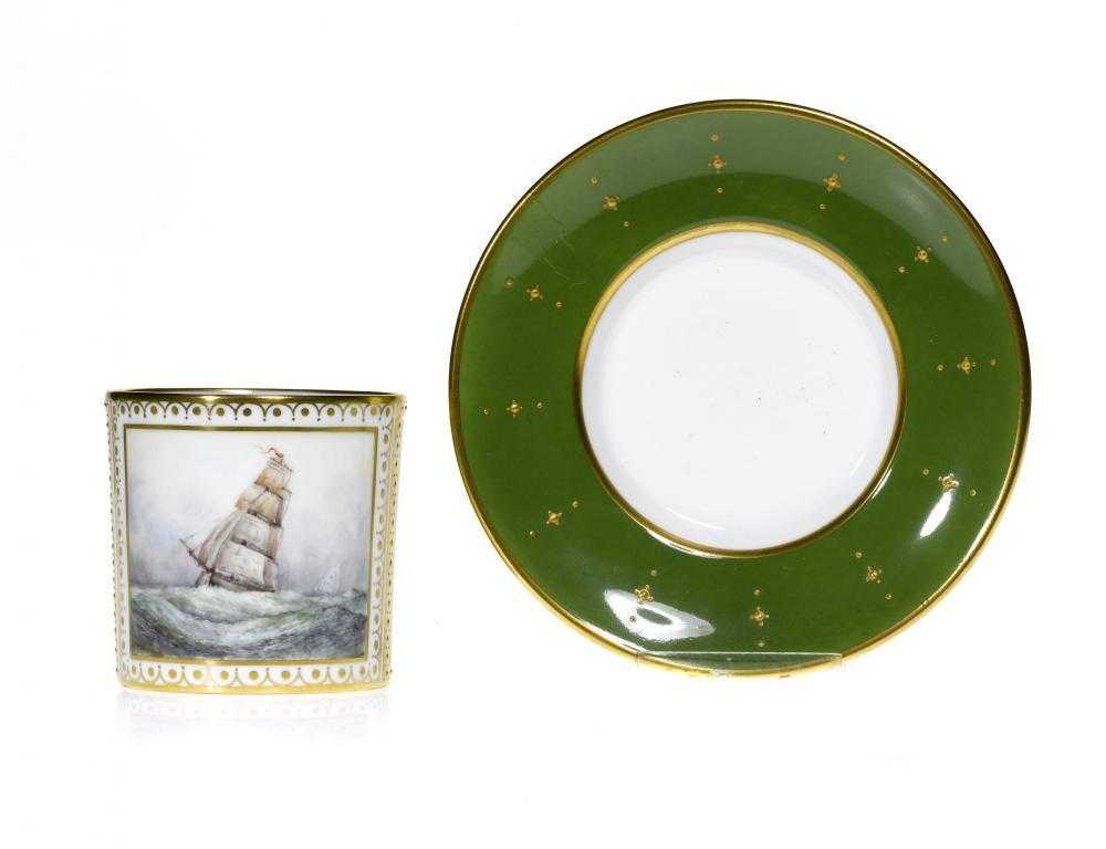 Appraisal: AN ENGLISH PORCELAIN GREEN GROUND COFFEE CAN AND STAND the