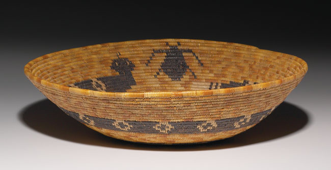 Appraisal: Mission basketry bowl polychrome double serpent and insect design dia