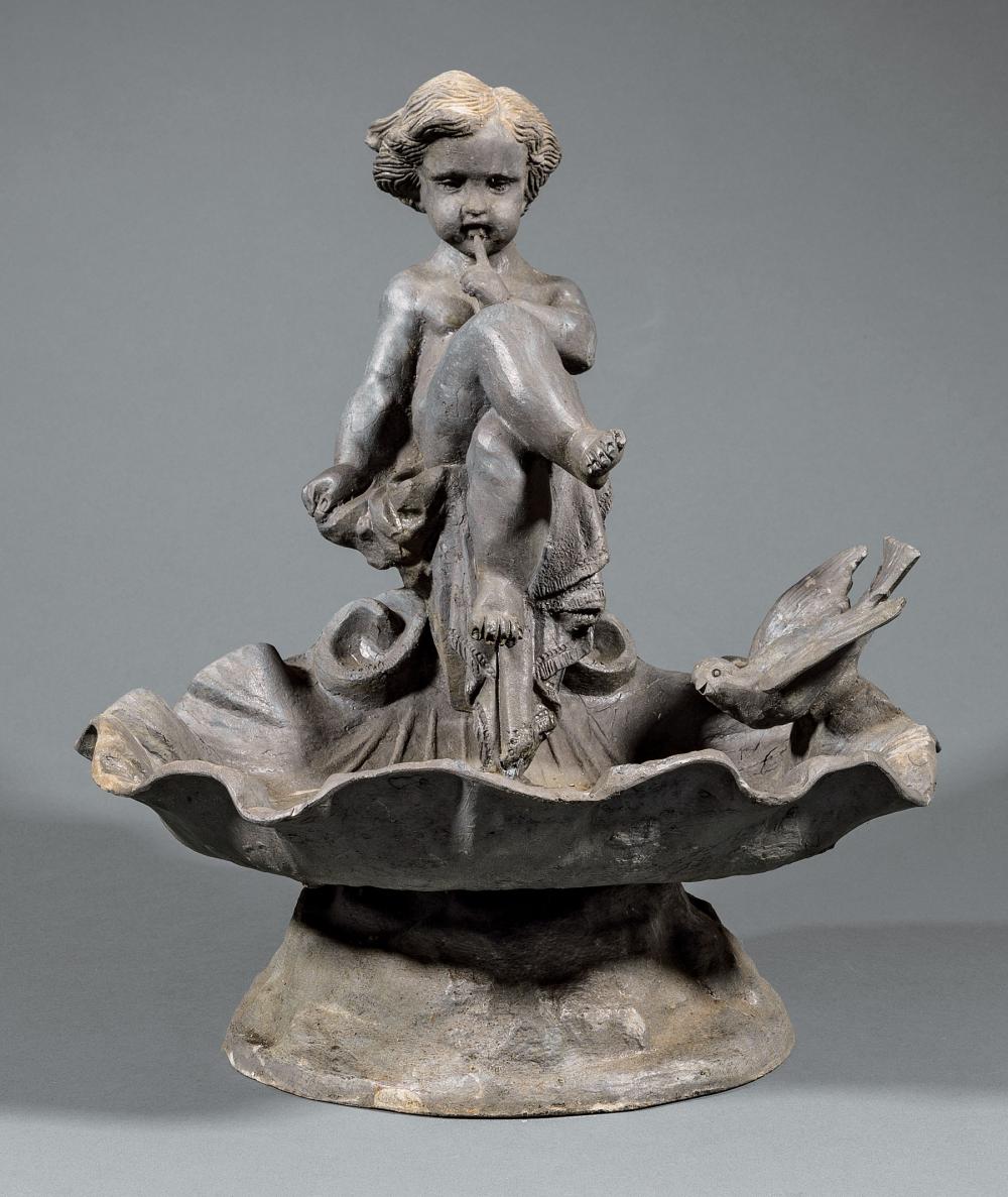 Appraisal: French Lead Figural Bird Feeder cherub and bird raised shell