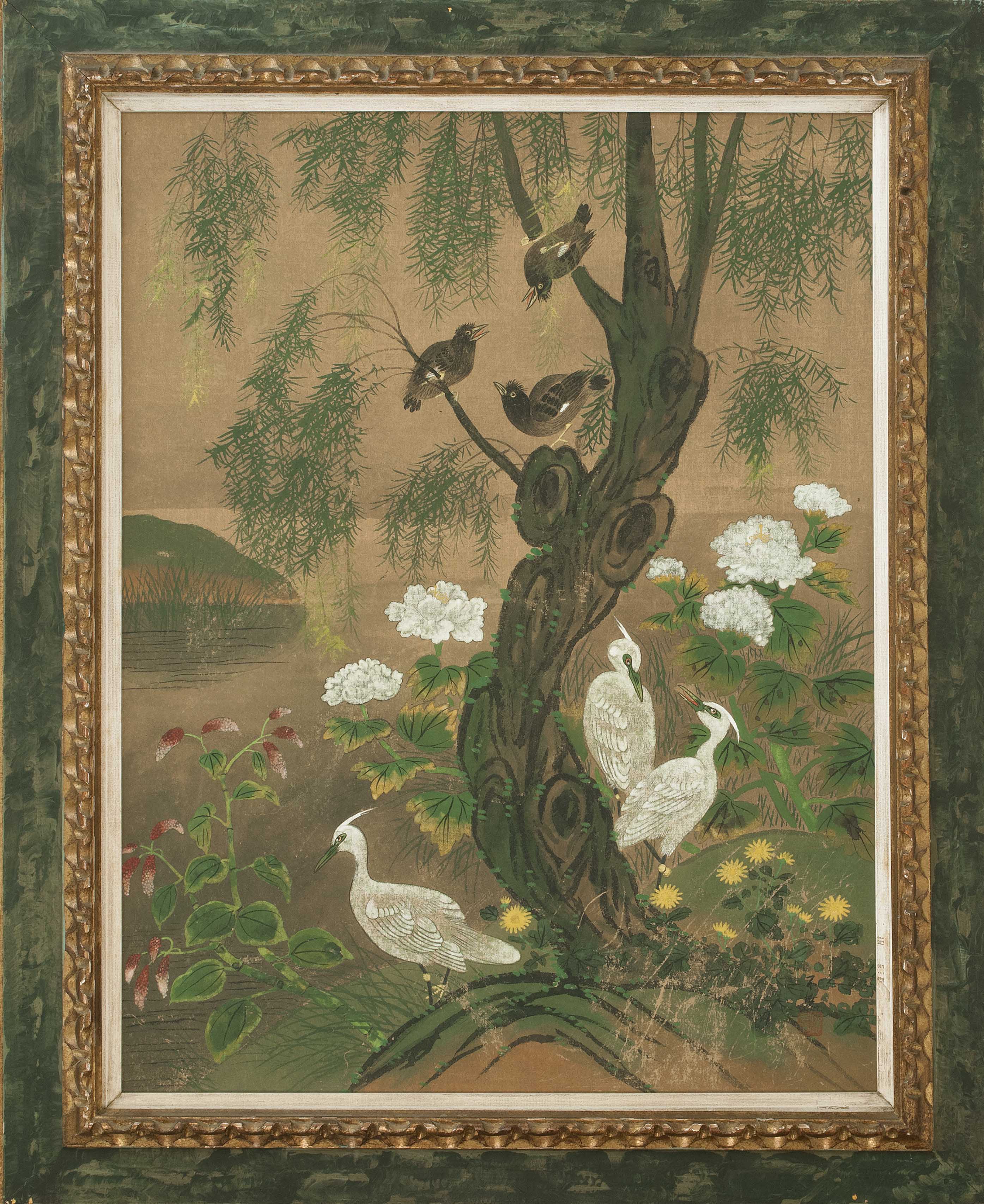 Appraisal: FRAMED PAINTING th CenturyEgrets and Black Birds Depicting six birds