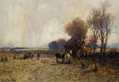 Appraisal: WILLIAM MANNERS Landscape with Farmhands and Workhorses in the Foreground