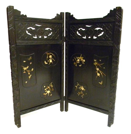 Appraisal: Chinese black lacquered two panel table screen polychromatic carved bone