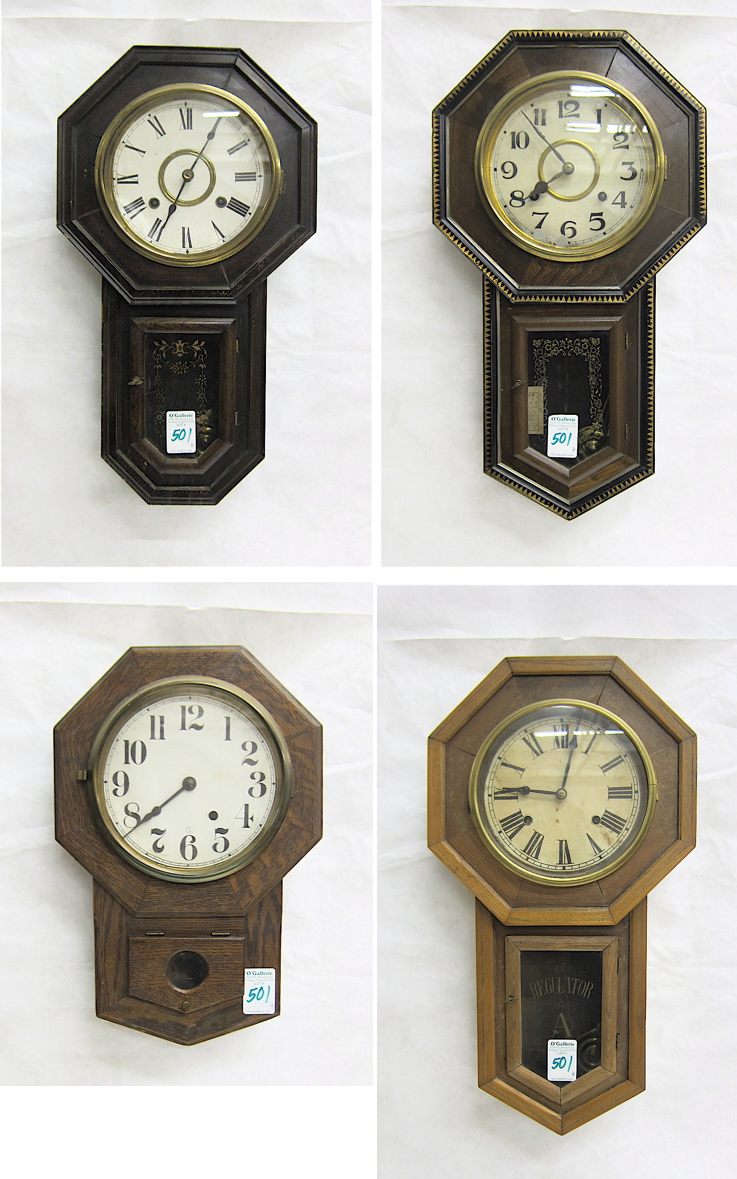 Appraisal: FOUR SCHOOL HOUSE 'REGULATOR' WALL CLOCKS American and Japanese manufacturers