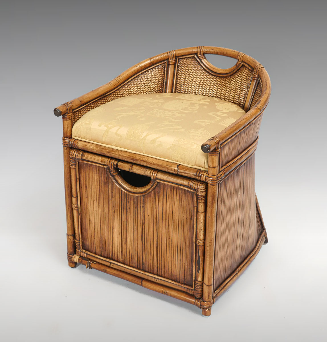 Appraisal: MANDALAY HAMPER STOOL WITH UPHOLSTERED SEAT Mandalay bamboo chair upholstered