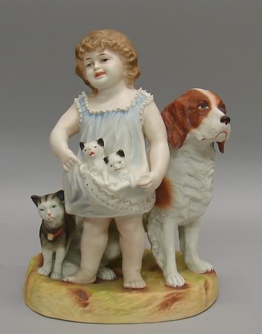 Appraisal: Unmarked bisque figurine of child holding kittens in skirt guarded