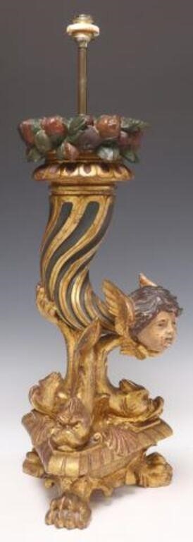 Appraisal: FRENCH GILTWOOD FIGURAL CORNUCOPIA -LT TABLE LAMPFrench giltwood figural candlestick