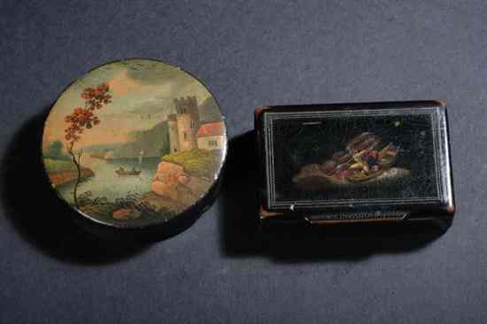 Appraisal: TWO LACQUERED PAPIER-M CH BOXES One Russian rectangular depicting Peter